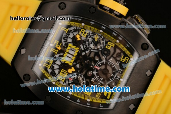 Richard Mille Felipe Massa Flyback Chrono Swiss Valjoux 7750 Automatic PVD Case with Yellow Markers Skeleton Dial and Yellow Rubber Strap - Click Image to Close